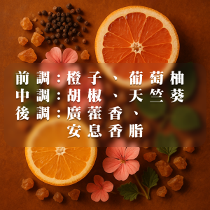 【大地】香氛蠟燭，明亮的橙子與葡萄柚開場，如晨曦穿透林間，伴隨胡椒與天竺葵的辛香與花香層次；最終沉穩落於廣藿香與安息香脂所構築的溫潤木質韻味之上，宛若行走於靜謐大地之中，感受自然純粹的支撐與安定。