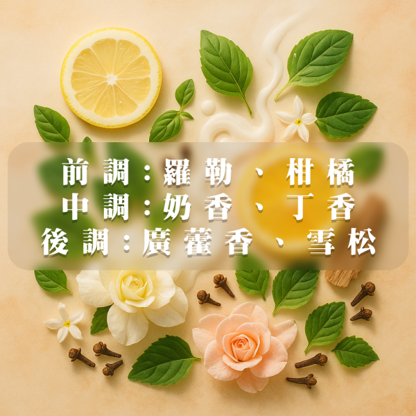 【玫瑰麝香】香氛蠟燭，清新的羅勒與柑橘交織出明朗序章，柔滑奶香伴隨丁香馥郁花香綻放其中，最終沉穩廣藿香與雪松尾韻緩緩展開，營造出層次分明、優雅迷人的香氛體驗。