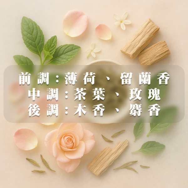 【白茶】香氛蠟燭，薄荷與留蘭香的清新前調替空間注入靈動氣息，中調由茶葉與玫瑰交織成淡雅茶香與細膩花韻；最終以溫潤木香與柔和麝香緩緩落幕，宛若靜品一盞氤氳白茶，使心緒沉澱於寧靜與雅致之中。